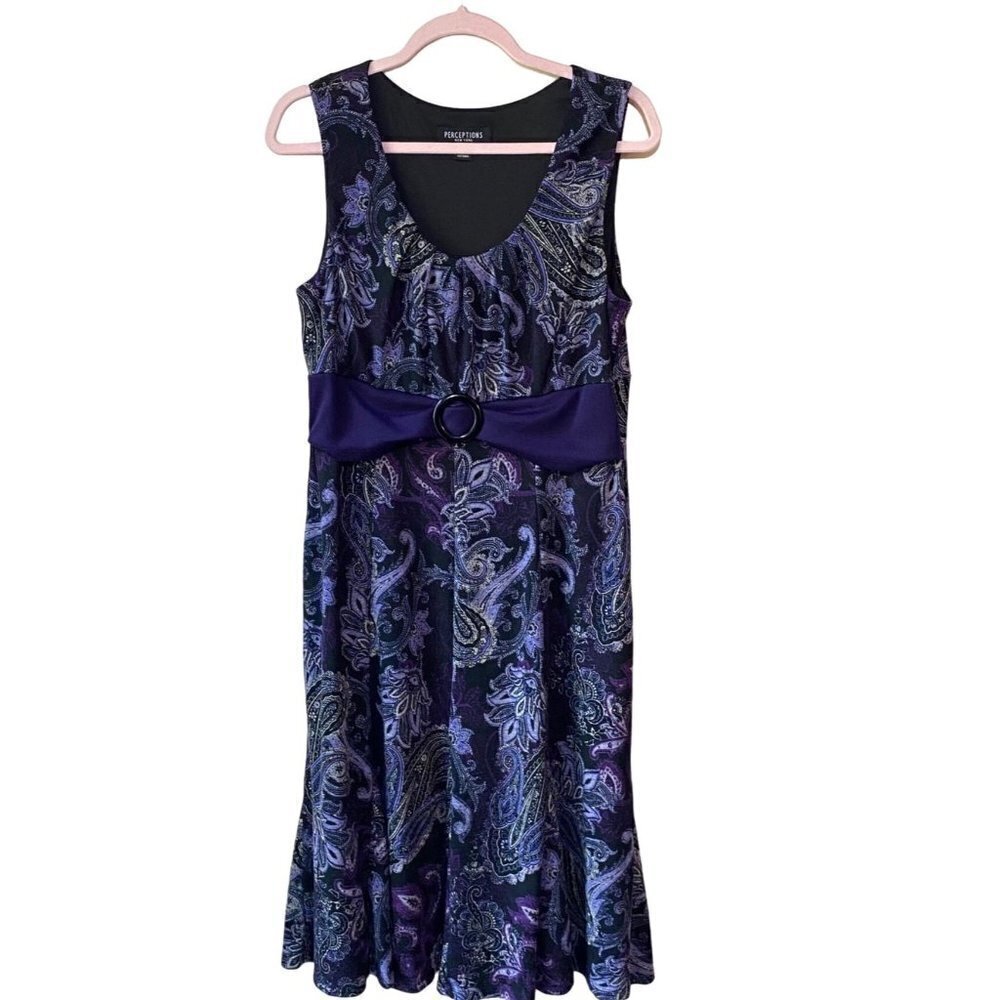 PERCEPTIONS New York Women's Dress, Size Large, Purple/Black, White Paisley, Lin